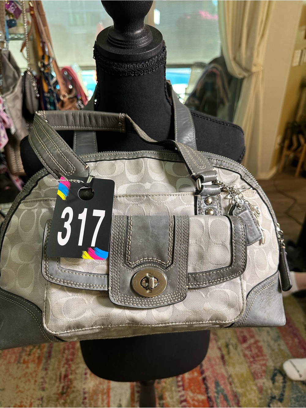 Coach #317 Hampton Signature Dome Gray  Canvas Satchel with Turn-Lock Pocket